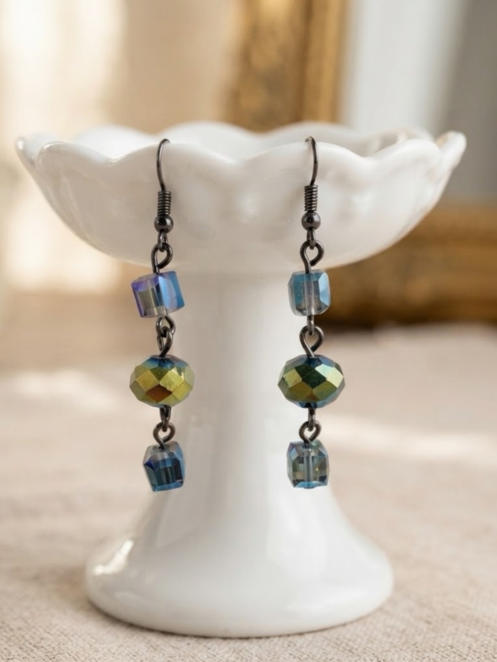 Aurora Borealis Crystal Beaded Earrings | Iridescent Cube & Faceted Bead Earring